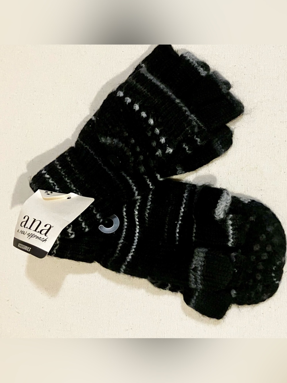 a.n.a Black Knit Convertible Fingerless Gloves with Gray Stripes